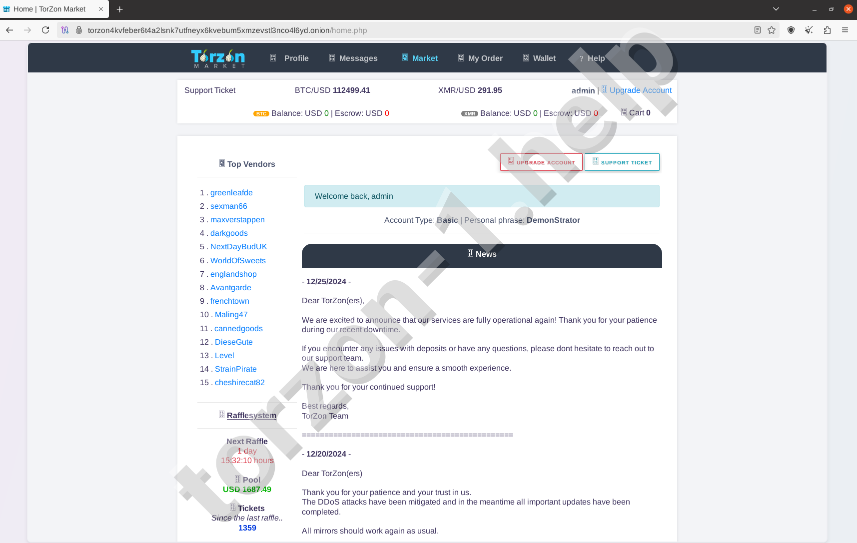 Torzon Market Homepage Dashboard